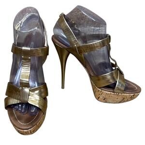Miu Miu Gold Strappy Stiletto Open Toe Heels Cork Sole Size 39.5 9.5
